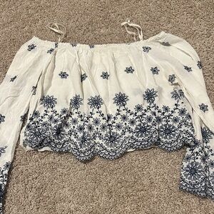 Embroidered Off-Shoulder Top - White and Blue
